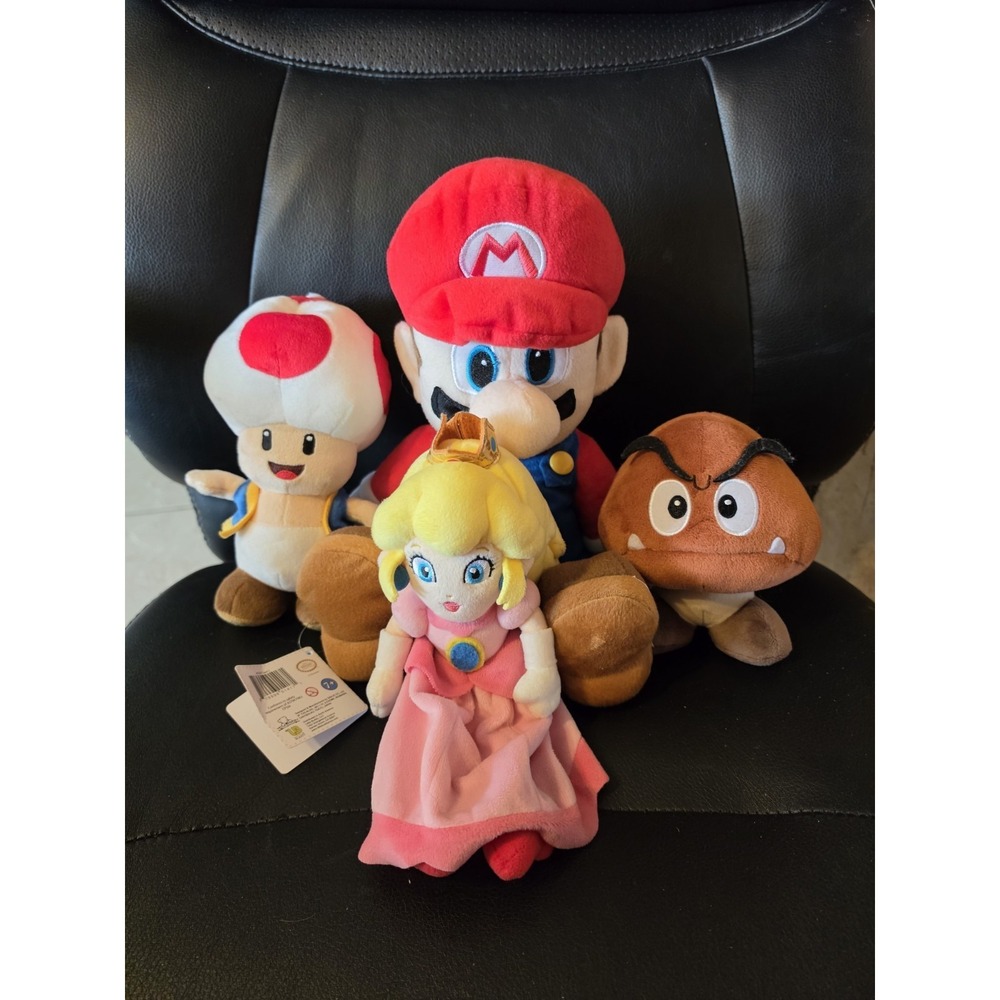 4- Super Mario Brothers plush toys, Mario, Princess Peach, Toad, Goomba